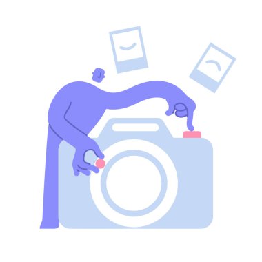 Düz modern karakter kamera önünde fotoğraf çekiyor. Sanatsal hobi, fotoğraf dersi, fotoğrafçılık dersleri, dersler. İş kavramı illüstrasyonunda bir erkeğin iş faaliyetlerine katılması.