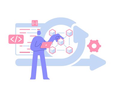 Çevik gelişim metodolojisinde yer alan düz modern karakter. Geliştirme yazılımı ve organizasyon. İhtiyaç, tasarım, geliştirme, hata ayıklama, test. İş illüstrasyonu, iş faaliyetleri