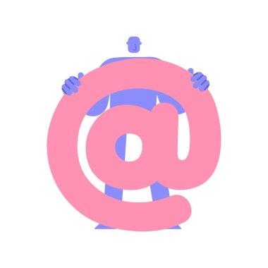 Moda düz modern karakter holding numarası @, işareti ile. Adam büyük bir sembol gösteriyor. Eğitim, doğum günü, başarı konsepti, satış ve indirim kutlaması. Çizgi film tarzı.