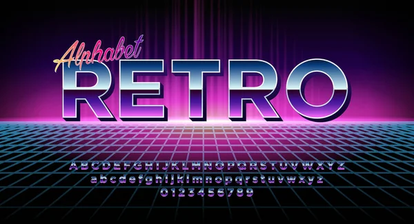 レトロなアルファベットフォント 光沢のあるクロム金属効果文字や数字 デザインのベクトルフォント レトロな未来派スタイル90年代 80年代 レトロディスコスタイル — ストックベクタ