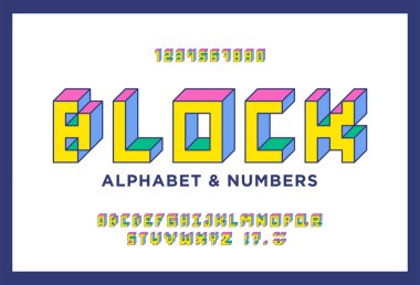 Renkli Isometric 3d alfabesi. Retro blok yazı tipi. Harfler ve sayılar 80 'ler, 90' lar tarzında. Düz dijital piksel tarzı. Bakış açısına göre 8 bit kübik alfabe. Vektör illüstrasyonu.