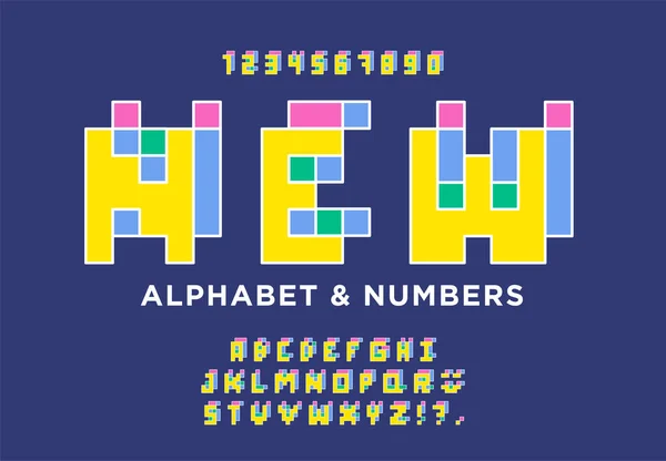 Bunte Flache Pixelbuchstaben Glasmalerei Mosaik Retro Pixelschrift Buchstaben Und Zahlen — Stockvektor