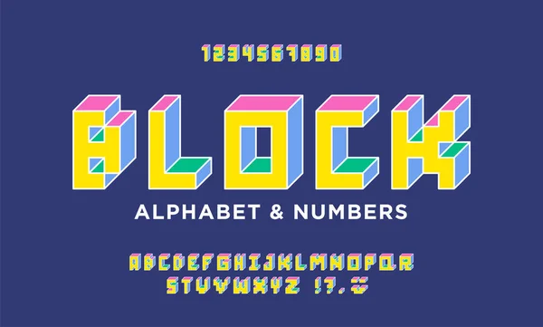 Alphabet Isométrique Coloré Fonte Rétro Cubique Lettres Chiffres Dans Style — Image vectorielle