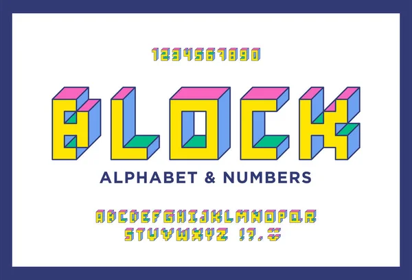 Alphabet Isométrique Coloré Fonte Retro Block Lettres Chiffres Dans Style — Image vectorielle