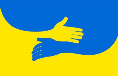 Ukrayna 'ya destek. Dikkat, sevgi ve hayırseverlik sembolü. Kucaklaşma ikonu, Ukrayna renginde kollar kucaklaşması, Ukrayna Savaşı, Rusya 'dan saldırı. Ukrayna bayrağının arka planında el ele tutuşmalar.