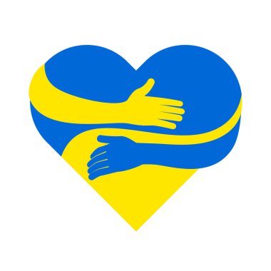 Ukrayna 'ya destek. Dikkat, sevgi ve hayırseverlik sembolü. Kucaklaşma ikonu, Ukrayna renginde kollar kucaklaşması, Ukrayna Savaşı, Rusya 'dan saldırı. Eller kalbe sarılır. Vektör illüstrasyonu