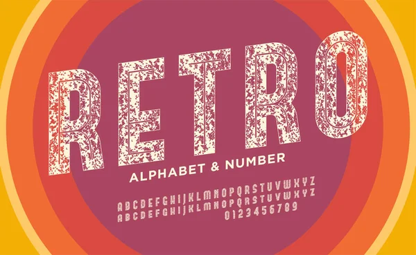 現代のグランジアルファベット ラフな圧縮フォント 傷のあるレトロなグランジテクスチャフォント 切手の様式文字と番号 — ストックベクタ