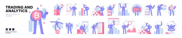 Mega Set Trading Analytics Scenes Business Concept Illustrations Collection Characters — Vetor de Stock