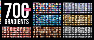 Vector mega set of gradients. Big collection colorful metallic gradient illustration. Gold, silver, sky, sea, coffee, coral, holographic, azure, bronze gradients collection.