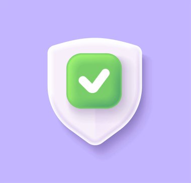 3d protection shield icon, checkmark on shield symbol, safety concept. vector illustration