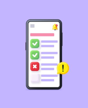 3D illustration to-do list. Smart phone with hecklist app. Successful completion of business tasks. Month planning, to do list. time management. Plan fulfilled, task completed. Vector Illustration