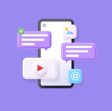 Sohbet baloncuklu üç boyutlu akıllı telefon. Konuşma, diyalog, kurye ya da çevrimiçi destek kavramı. multimedya dosyalarının, videoların, resimlerin aktarımı. Ekranda konuşma baloncukları olan cep telefonu. Vektör illüstrasyonu