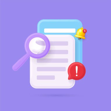 3D arama simgesi, metin araması. 3D belge yönetimi konsepti medya, belge çevrimiçi, docs simgesi konsepti. Metindeki hataları ara. Vektör illüstrasyonu