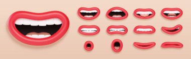 3D Lip karakter ağız animasyonu. Dudaklar sesli telaffuz çizelgesi. Çizgi film için dudak senkronizasyonu. Çizgi film konuşan ağız ve dudak ifadeleri. Vektör illüstrasyonu