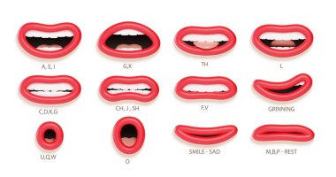 3d Lip sync character mouth animation. Lips sound pronunciation chart. Lip sync for cartoon talking. Cartoon talking mouth and lips expressions. Vector illustration clipart