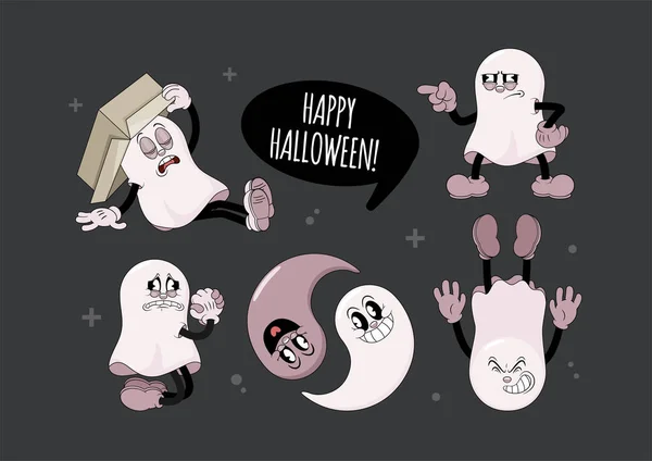 Conjunto Pegatinas Dibujos Animados Retro Con Divertidos Fantasmas Cómicos Guante — Vector de stock