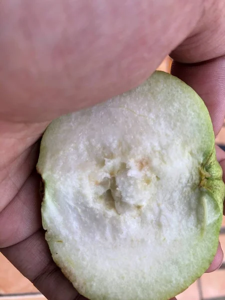 Het Deel Van Guava Vrucht Met Zachte Rug Groen Wit — Stockfoto