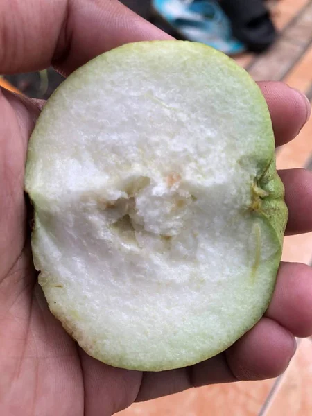 Bagian Dari Buah Jambu Dengan Punggung Lembut Adalah Hijau Dan — Stok Foto