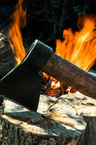 Deck Chopping Firewood Background Fire Chopping Firewood Picnic Bonfire —  Fotos de Stock