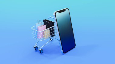 Alışveriş torbaları, alışveriş arabası ve mavi arka planda akıllı telefon online konsept tasarımı için. E-ticaret tasarımı. Reklam tasarımı için 3D oluşturma.