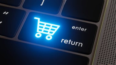 İnternetten alışveriş. Laptop klavye düğmesinde alışveriş arabası logosu. Çevrimiçi alışveriş hizmeti ücretsiz dağıtım sağlıyor. 3d hazırlayıcı. 