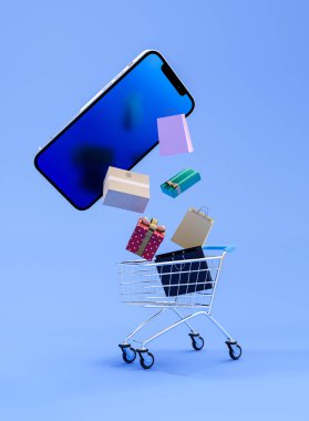 Akıllı telefon, hediye hediyesi, alışveriş arabasına düşen eşyalar, mavi arka planda izole edilmiş. Çevrimiçi alışveriş ekommerce tasarımı. 3B görüntüleme. 