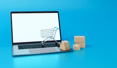 İnternetten alışveriş konsepti. Alışveriş arabası, laptop, karton kutular. Büyük satışlar. 3B görüntüleme.