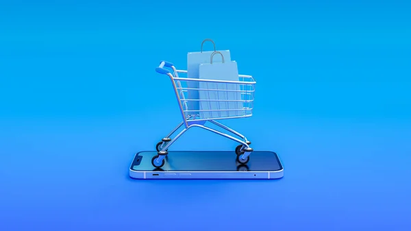 Boodschappentas Winkelwagen Smartphone Geïsoleerd Blauwe Achtergrond Online Winkelen Commerce Concept — Stockfoto