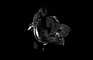 Pitbull 'un soyut bakış açısı. Evcil hayvanlar, köpek severler, hayvan temalı tasarım elementleri siyah arka planda izole edilmiş. Basılacak modern hayvan tasarımı. 3d hazırlayıcı