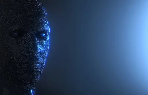 Blå Fragment Cyborg Huvud Konstruktion Abstrakt Mänskligt Huvud Och Ansikte — Stockfoto
