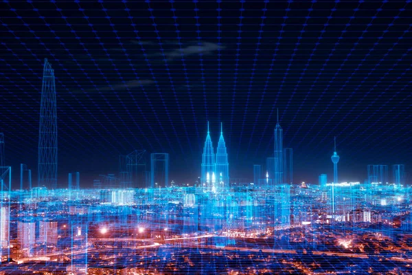 5G ağ dijital hologramı ve şehrin arka planındaki şeylerin interneti. 5G ağ kablosuz sistemleri.