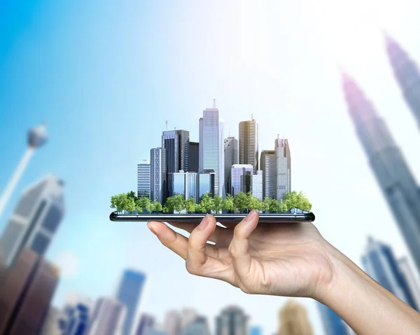 Smart City Hand Und Smartphone Hintergrund Des Baus Kuala Lumpur — Stockfoto