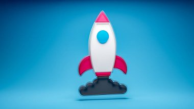 Açılış roketi 3d simgesi mavi arkaplanda başlatılıyor. 3d oluşturma