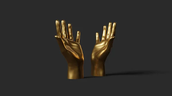 Golden hands gesture, shiny, metallic. Isolated on black background. 3d rendering .