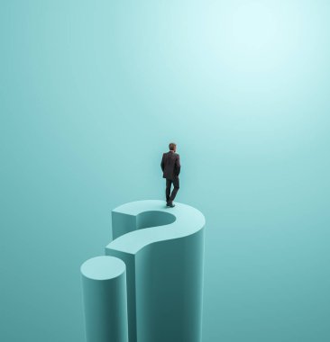 İş adamı vizyonuyla dev bir soru işaretinin üzerinde duran iş kararı konsepti. İş vizyonunun sembolü, hedef, meydan okuma, fırsat. Fotorealistik 3B oluşturma.