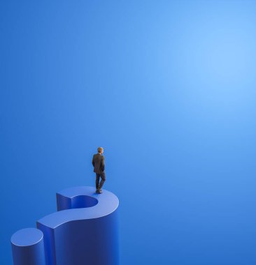 İş adamı vizyonuyla dev bir soru işaretinin üzerinde duran iş kararı konsepti. İş vizyonunun sembolü, hedef, meydan okuma, fırsat. Fotorealistik 3B oluşturma.