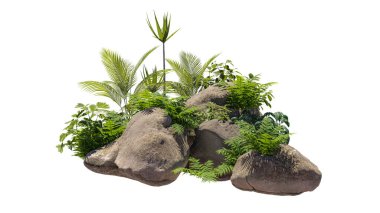 Bitkilerle çevrili kesme kayalar. Peyzaj için dekoratif çalı. Kompozisyon için kırpma maskesi kullanılabilir. 3d oluşturma