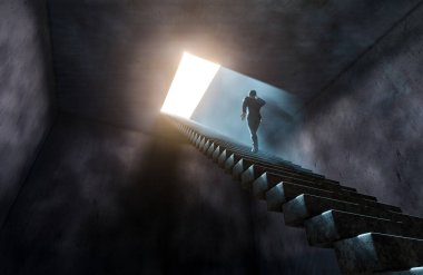 Karanlık odada özgür geçiş özlemi kavramı. Fotorealistik 3B oluşturma.