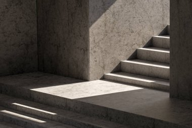 Güneşin altında bir koridorda ışık ve gölge. Binaların arasındaki merdivenler güneş ışığının gölgeleriyle dolu.