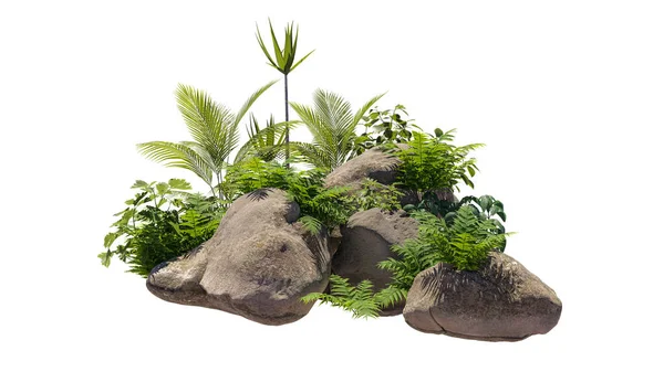 Bitkilerle çevrili kesme kayalar. Peyzaj için dekoratif çalı. Kompozisyon için kırpma maskesi kullanılabilir. 3d oluşturma