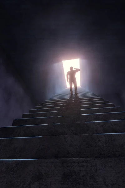Концепция Бизнесменом Стоя Лестнице Смотреть Вверх Яркое Небо Поисках Надежды — стоковое фото