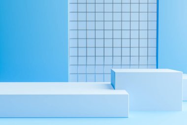Podyum ve soyut arkaplanı olan en küçük sahne. Mavi renkler sahnesi. Asgari 3D görüntüleme. Geometrik şekiller. Geometrik şekilli sahne ve kozmetik ürün için dokulu arka plan. 3d hazırlayıcı.