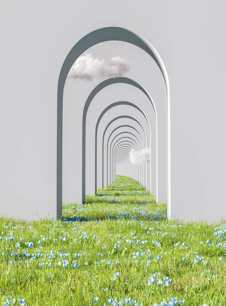 Rendering White Arch Wall Background Blue Flowers Modern Design Concept — стоковое фото