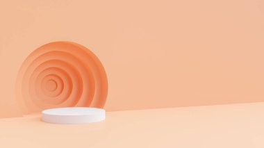 Yuvarlak Pedestal ve Kopyalama Alanlı Minimal Stüdyo. Yayalar reklam için kullanılabilir, turuncu arka planda izole edilmiş, Ürün Sunumu.