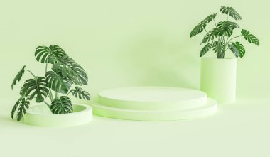 Ekran için yeşil kaide. Geometrik şekilli boş ürün standı. En az stil. 3d hazırlayıcı.