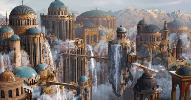 Environment Panoramic View of Sci-Fi Dome Castle, floating island and waterfall 