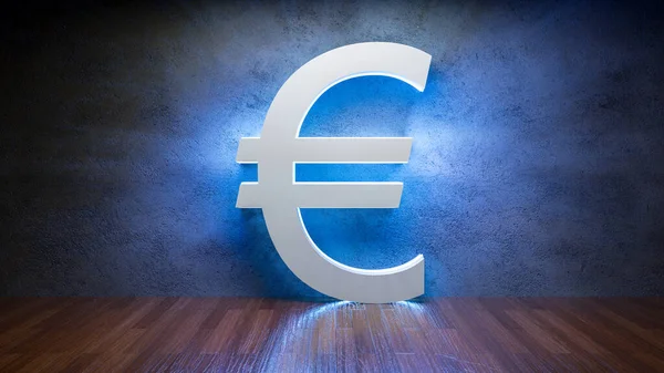 Symbol Euro Glowing Empty Concrete Room Currency Sign Rendering — Stock Photo, Image