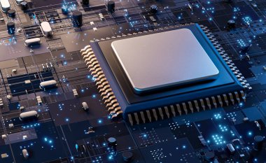 Printed circuit board with a processor, microchips and binary code. Abstract high-tech electronic background, copy space, templat