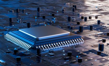 Modern bir GPU kartının yakın plan görüntüsü devre, renkli ışıklar ve 3D renderin detaylar