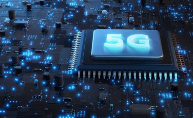 5G ağ işlemcisi 3D görüntüleme, 5G logosu ve parlayan devre arkaplanı olan bilgisayar ana kartı çipi, Merkezi Bilgisayar İşlemcisi CPU, 5G teknoloji kavramı.